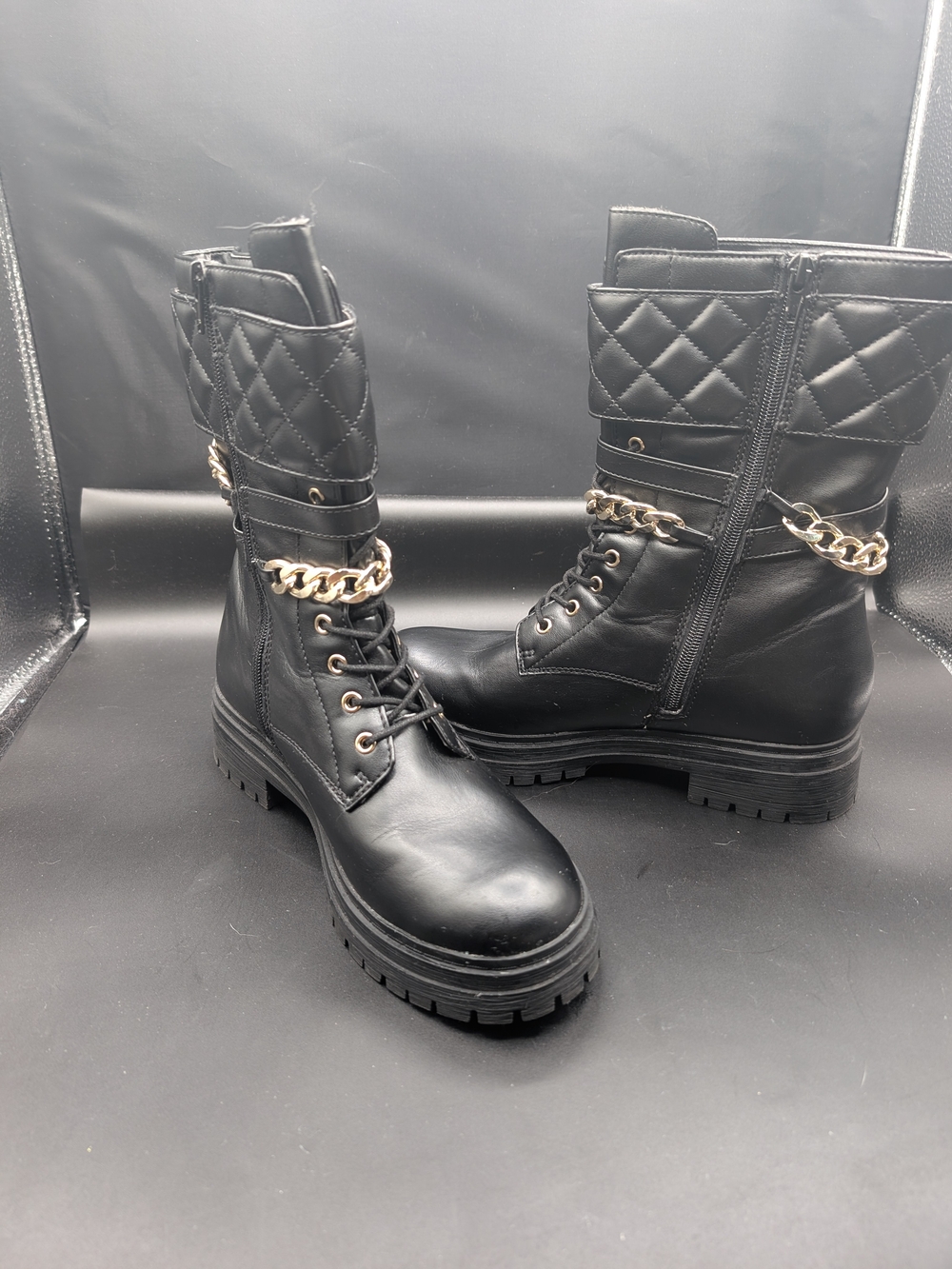 Shoe Dazzle Black Quilted Combat Boots with Gold Chain